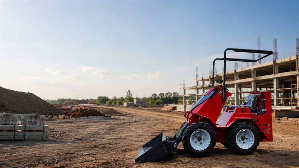 KORVA S390 ride-on wheel mini skid steer loader at a construction site