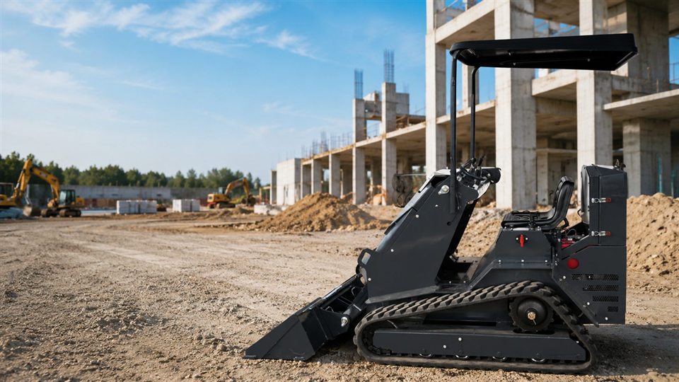 KORVA T390 ride-on tracked mini skid steer loader at a construction site