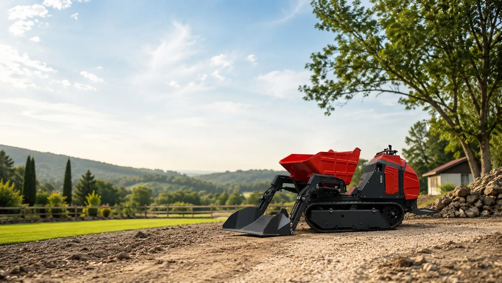 KORVA C1200 compact tracked multi-function loader working on a rural job site