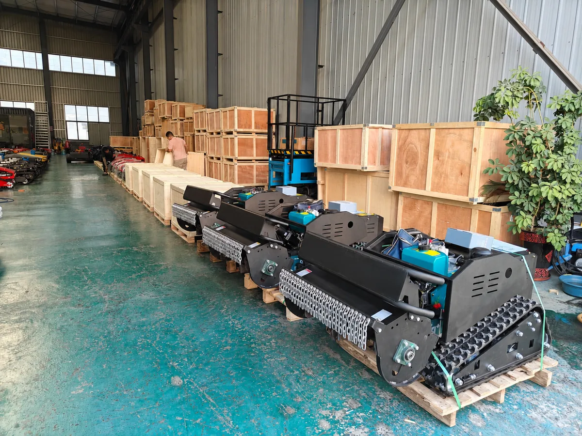 Tank Series remote control flail mower wooden packing preparation for overseas shipment