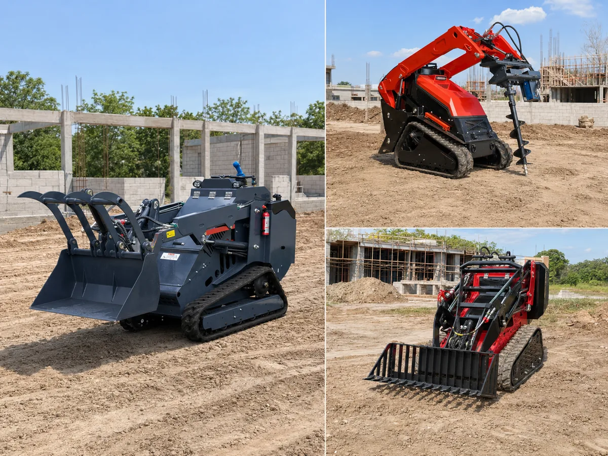 Compact tracked loaders using bucket, auger and grapple attachments on a construction site