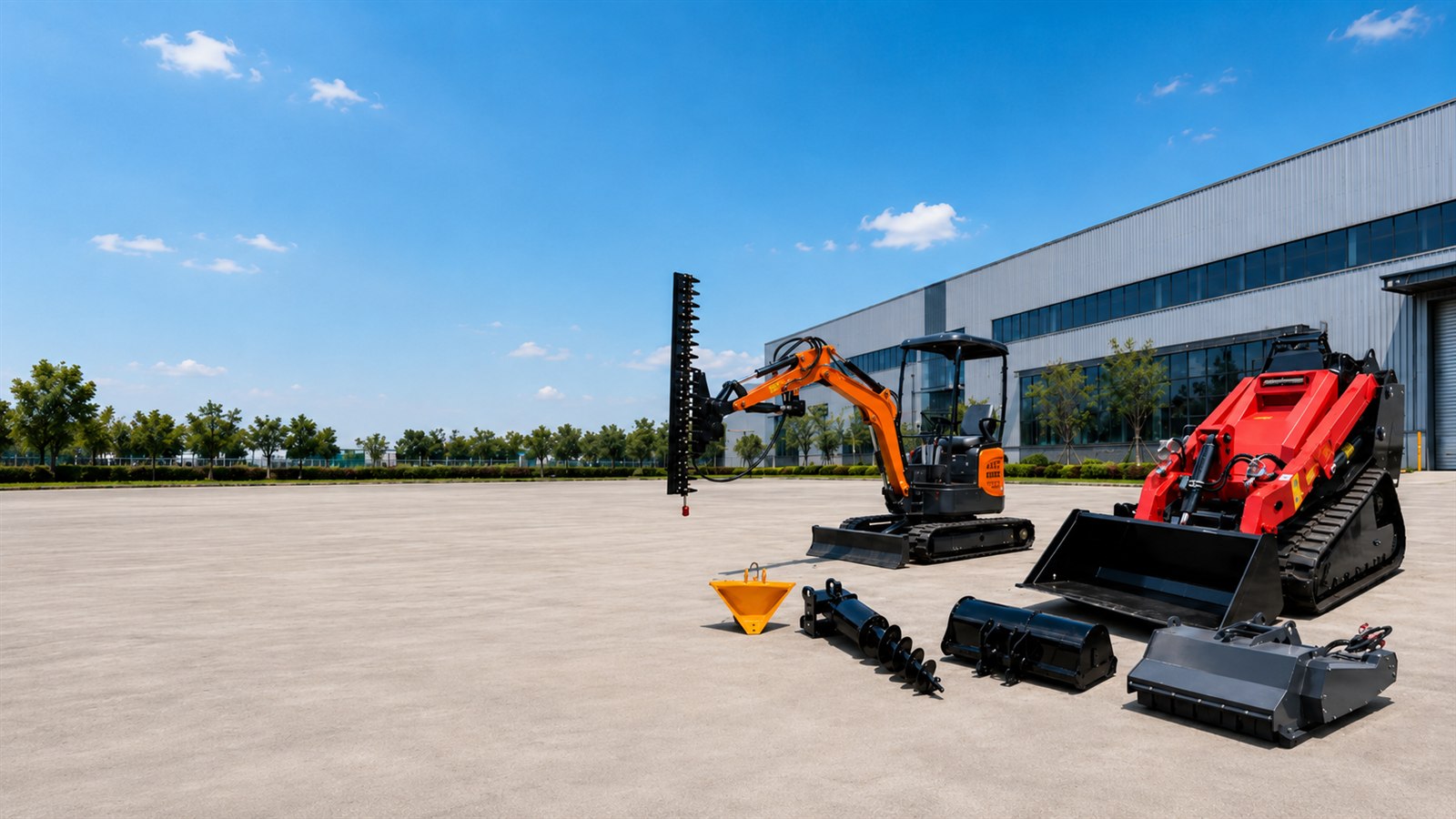 Compact excavator and loader displayed with bucket auger and other attachment options