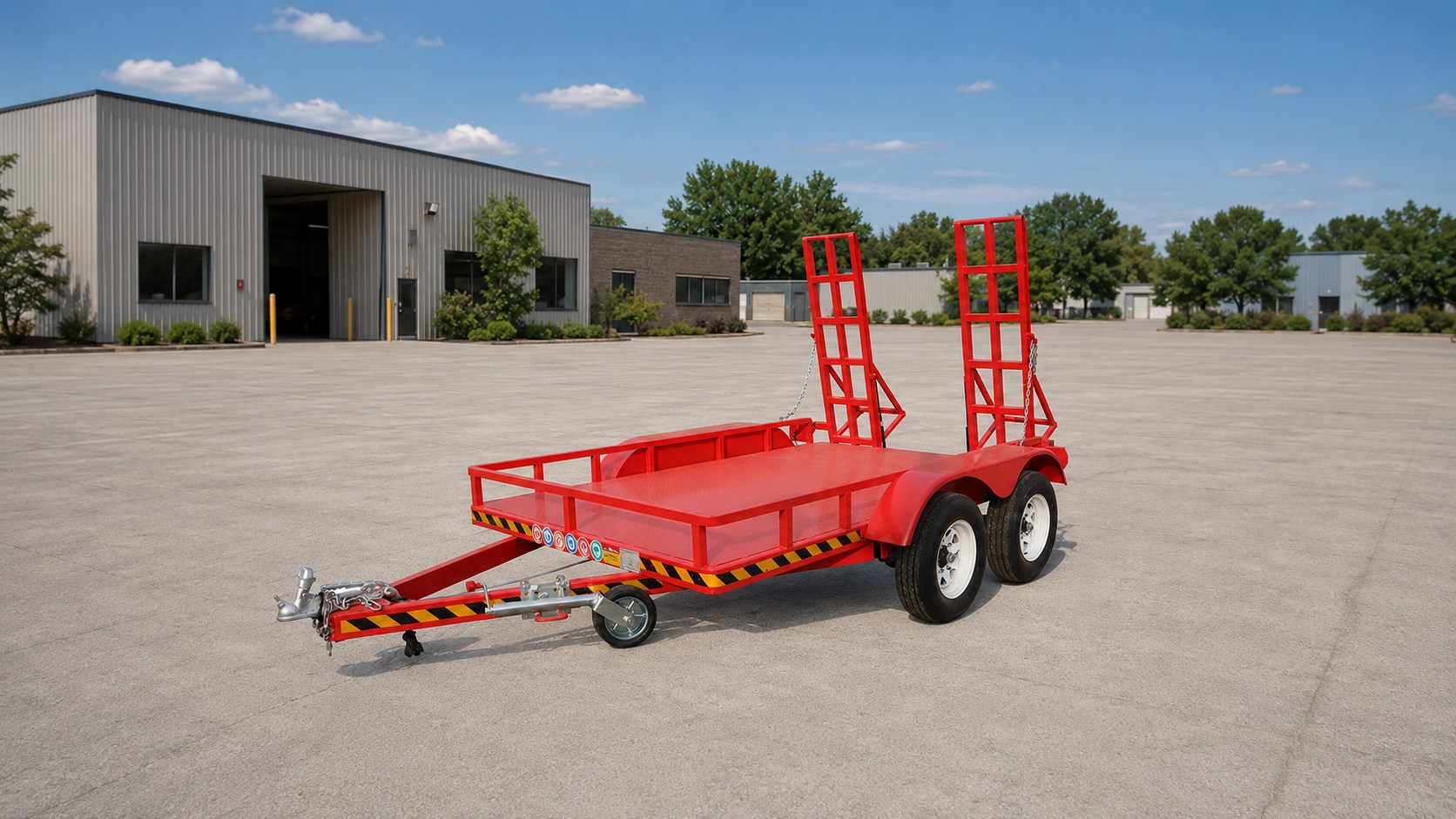 Red transport trailer for moving compact machinery