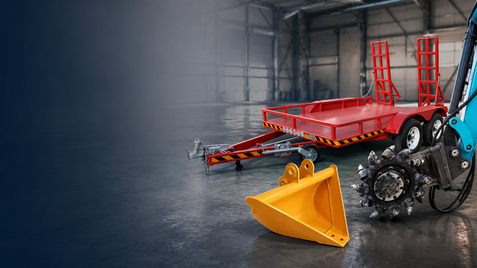KORVA mini excavator attachments including bucket auger rake pallet forks hydraulic breaker quick coupler and trailer