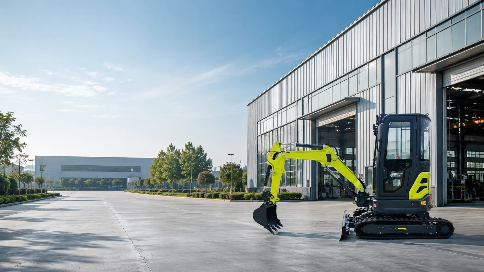 KORVA GW18 1.8 ton mini excavator outside an industrial facility