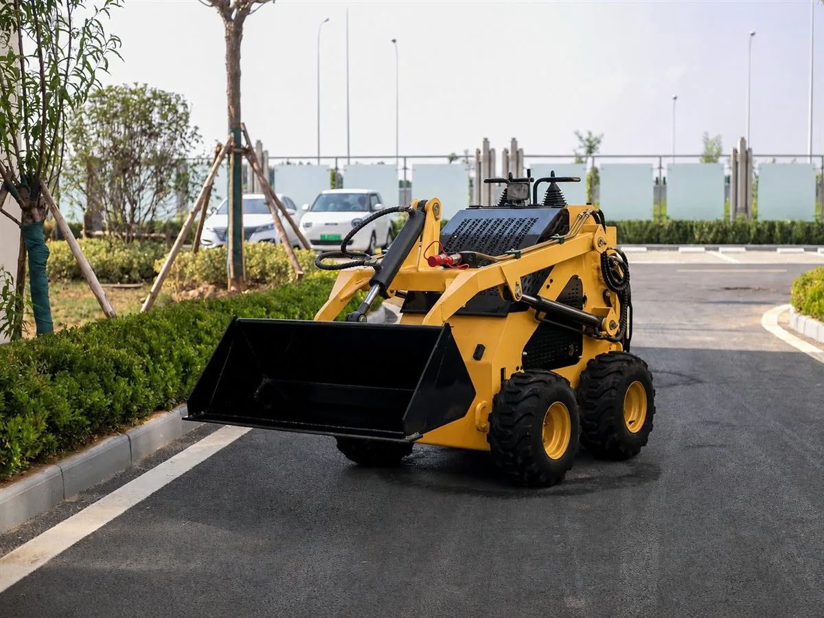 Yellow customized KORVA S360 mini skid steer loader with bucket