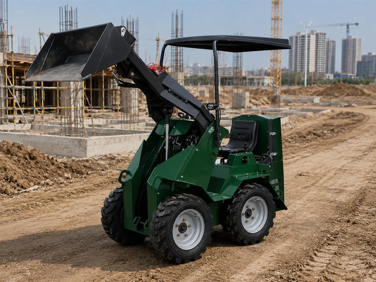 Green customized KORVA S390 ride-on wheel mini skid steer loader for farm material handling