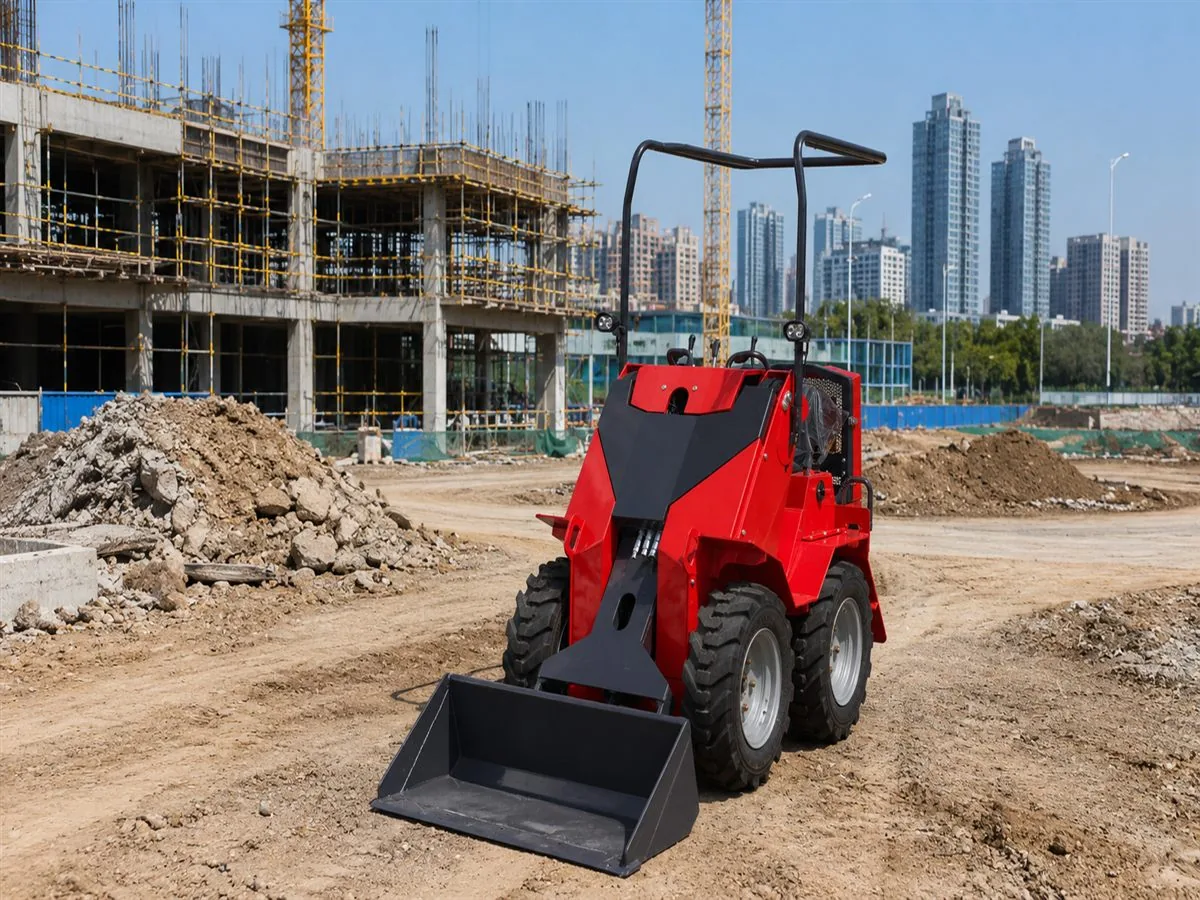 KORVA S390 ride-on wheel mini skid steer loader front angle with bucket