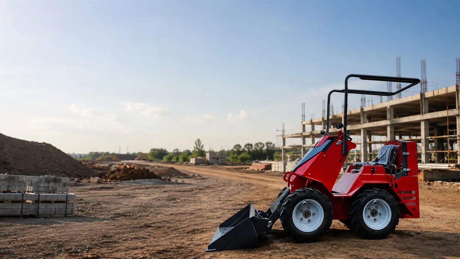 Black KORVA S390 ride-on wheel mini skid steer loader at a construction site