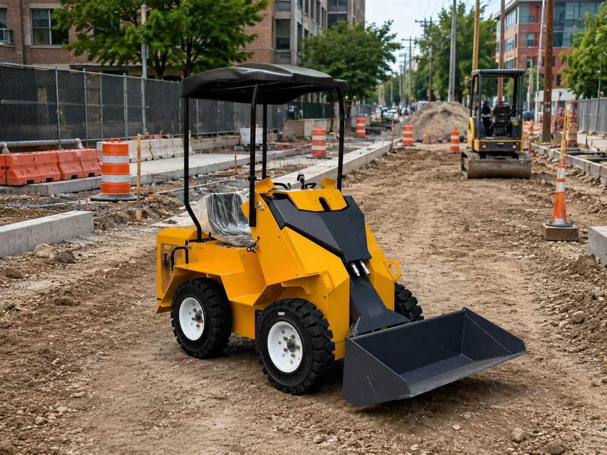 KORVA S490 ride-on wheel mini skid steer loader front angle with bucket