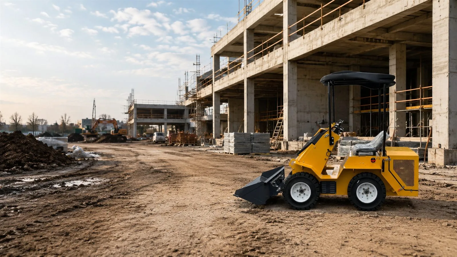 Black KORVA S490 ride-on wheel mini skid steer loader at a construction site