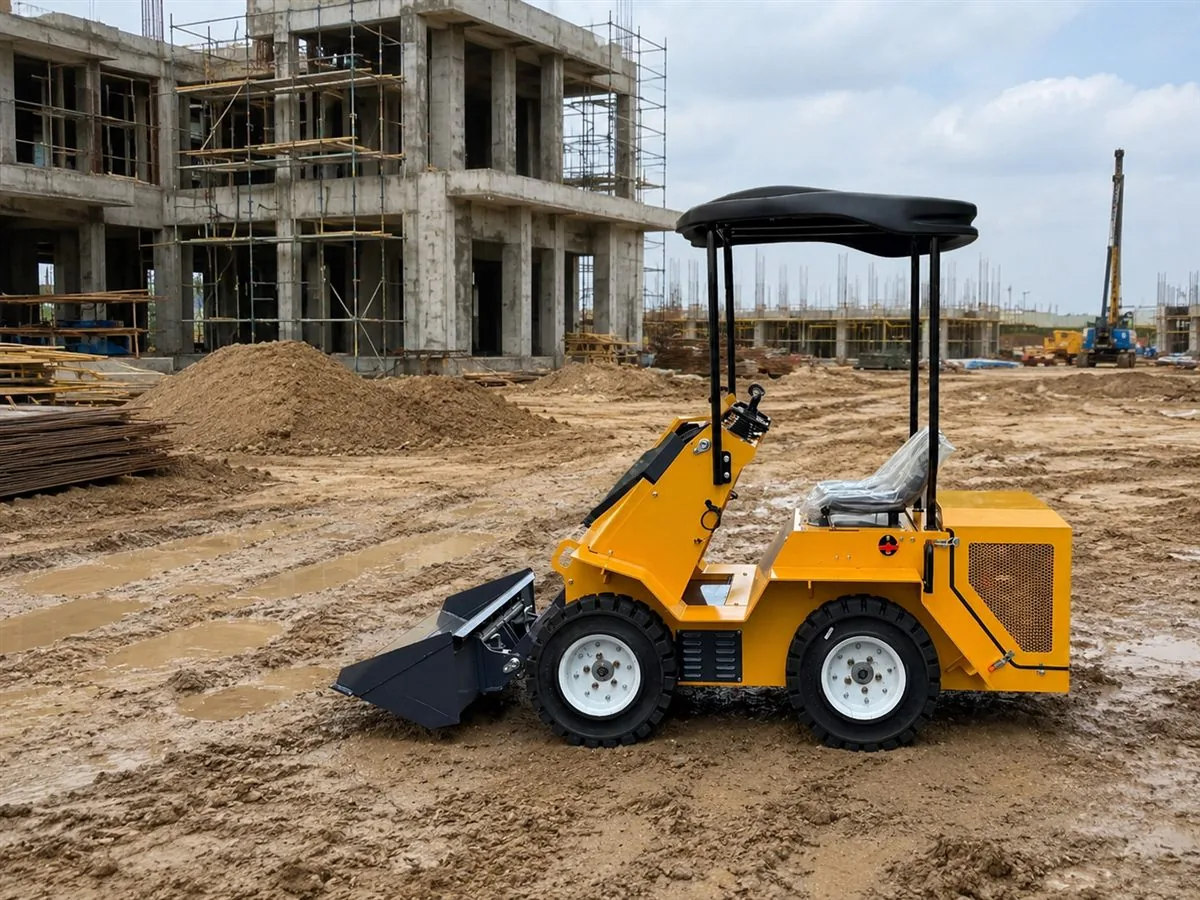 KORVA S490 ride-on wheel mini skid steer loader side profile with bucket lowered