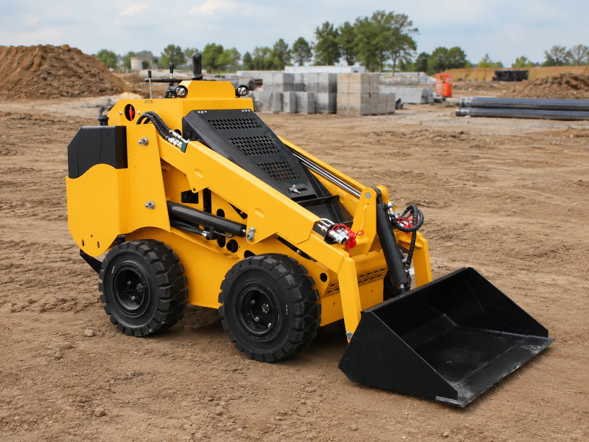 KORVA S750 wheel mini skid steer loader front angle with general purpose bucket