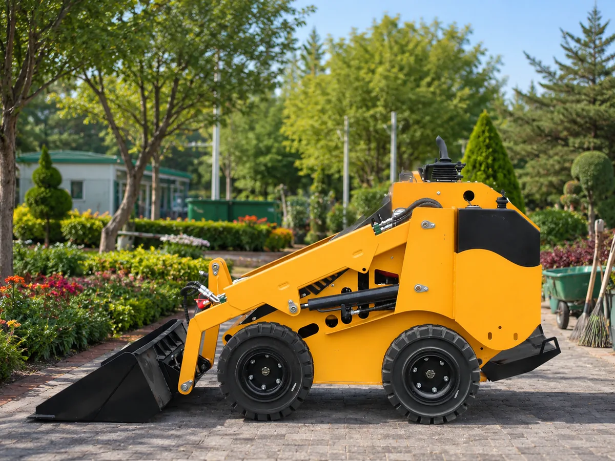 Yellow KORVA S750 wheel mini skid steer loader for garden and property work