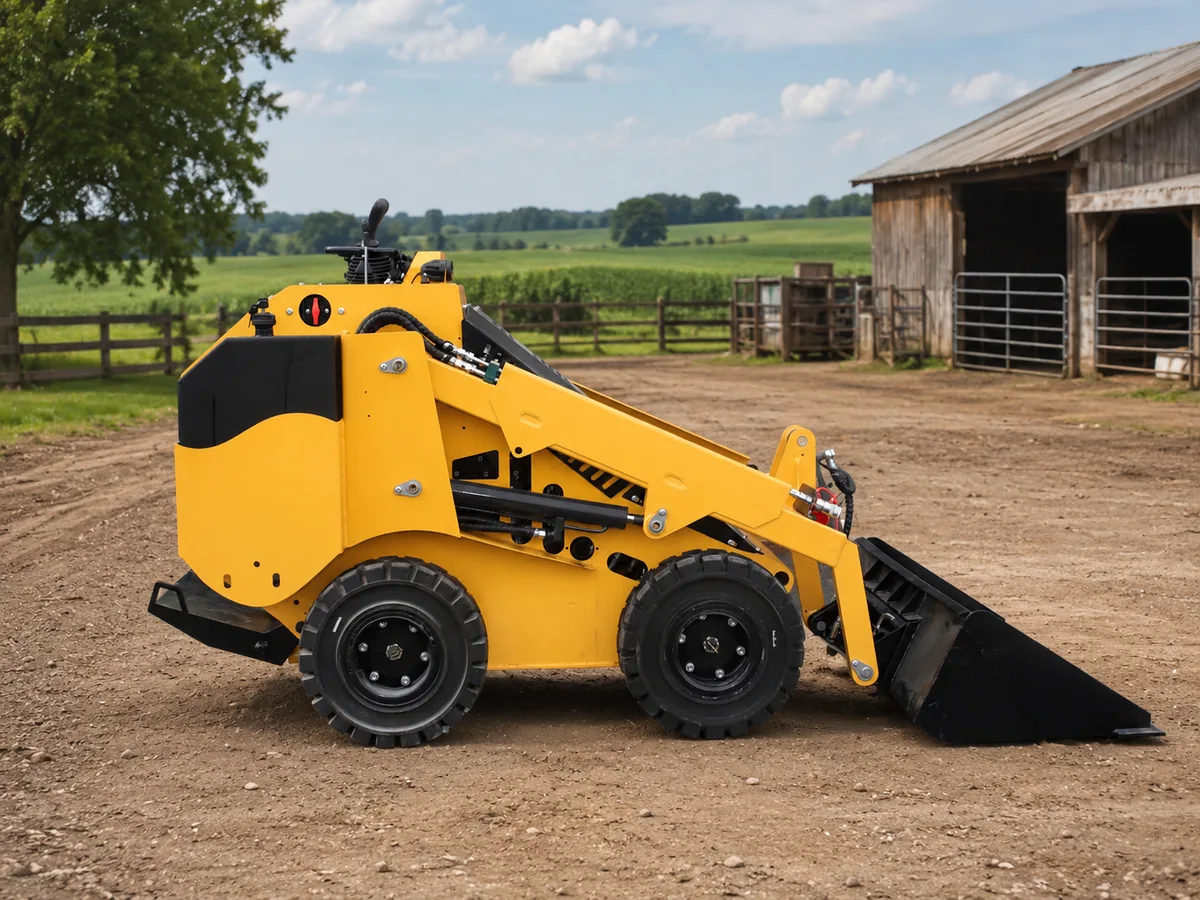 KORVA S750 wheel mini skid steer loader side view on a firm farm yard