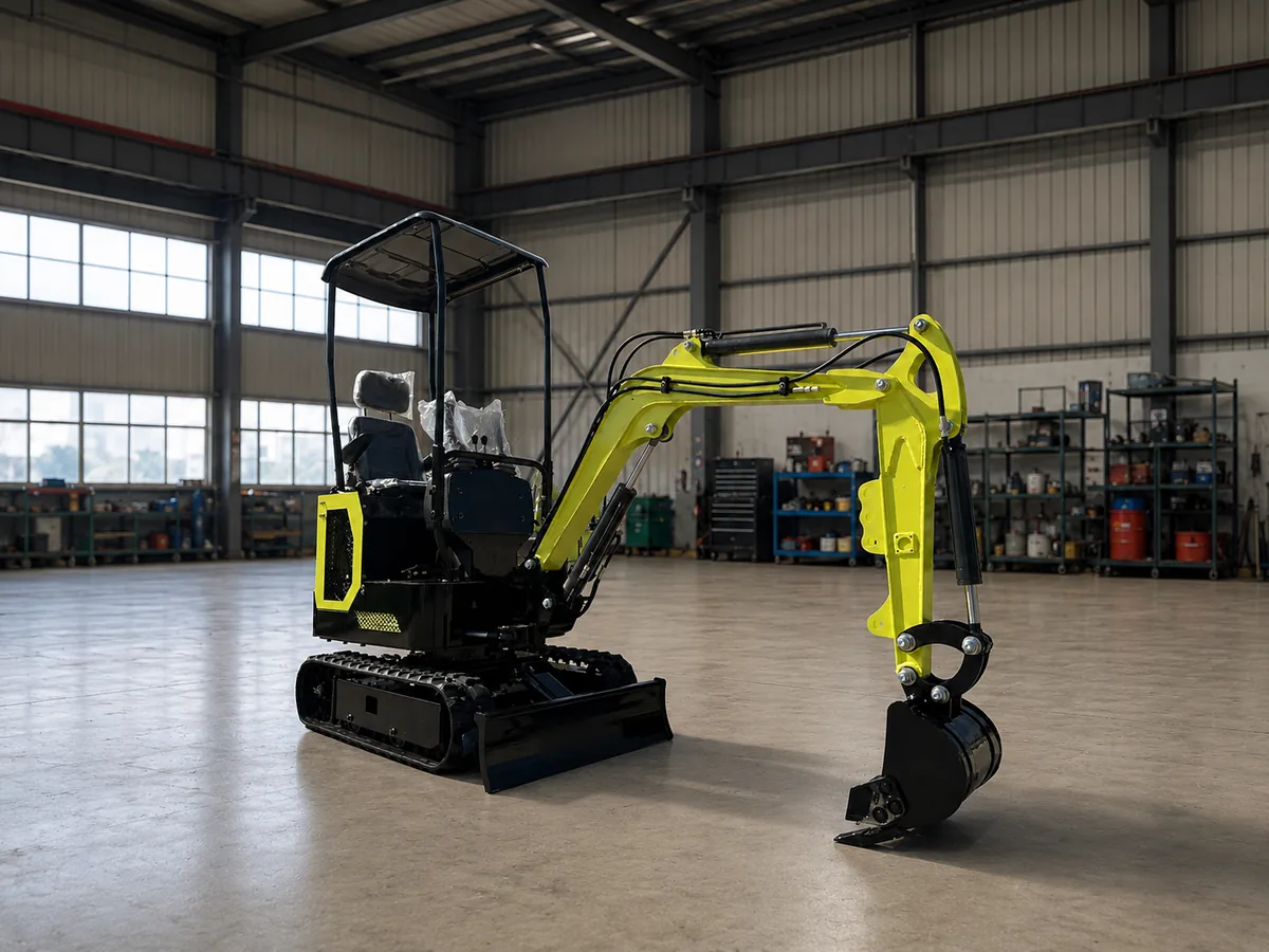 KORVA T10-PRO lithium battery mini excavator front angle in the workshop