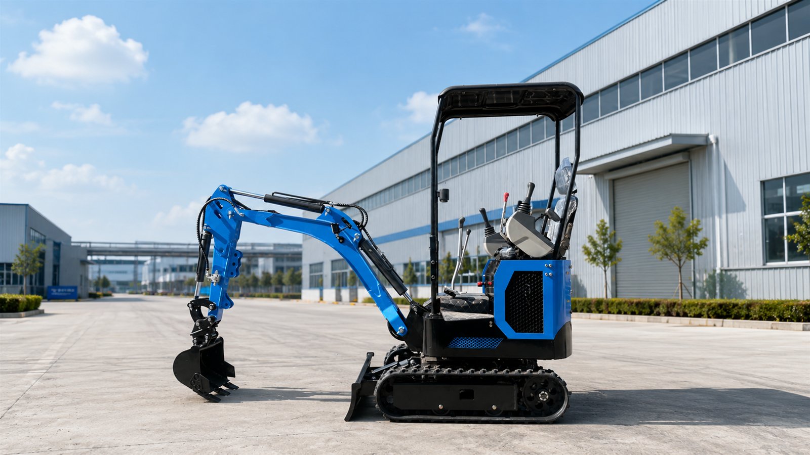 Blue KORVA T10 PRO lithium battery mini excavator outside a factory