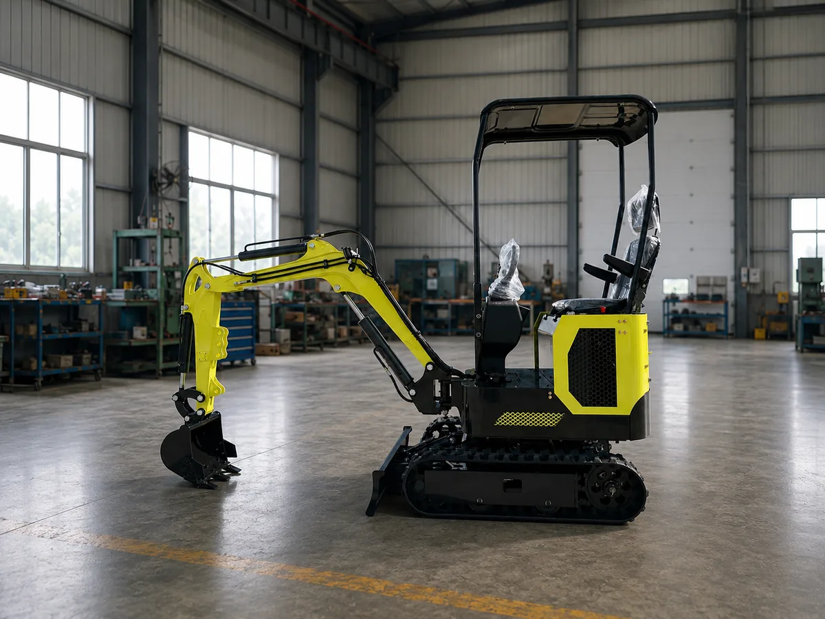 KORVA T10-PRO lithium battery mini excavator right side view with bucket and dozer blade