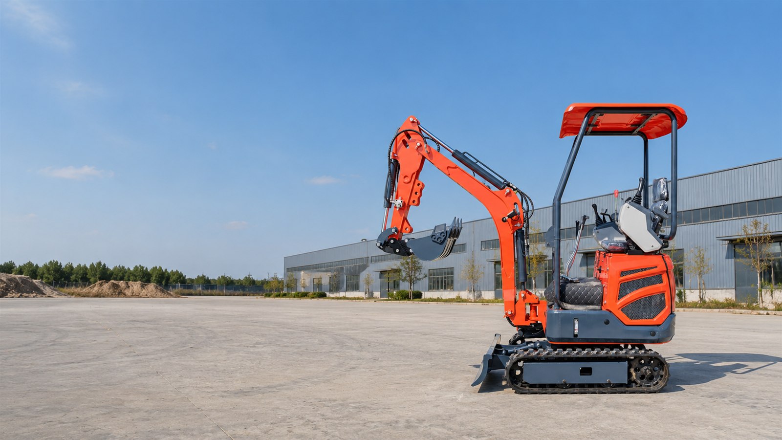 KORVA T12 red compact crawler mini excavator outside an industrial facility