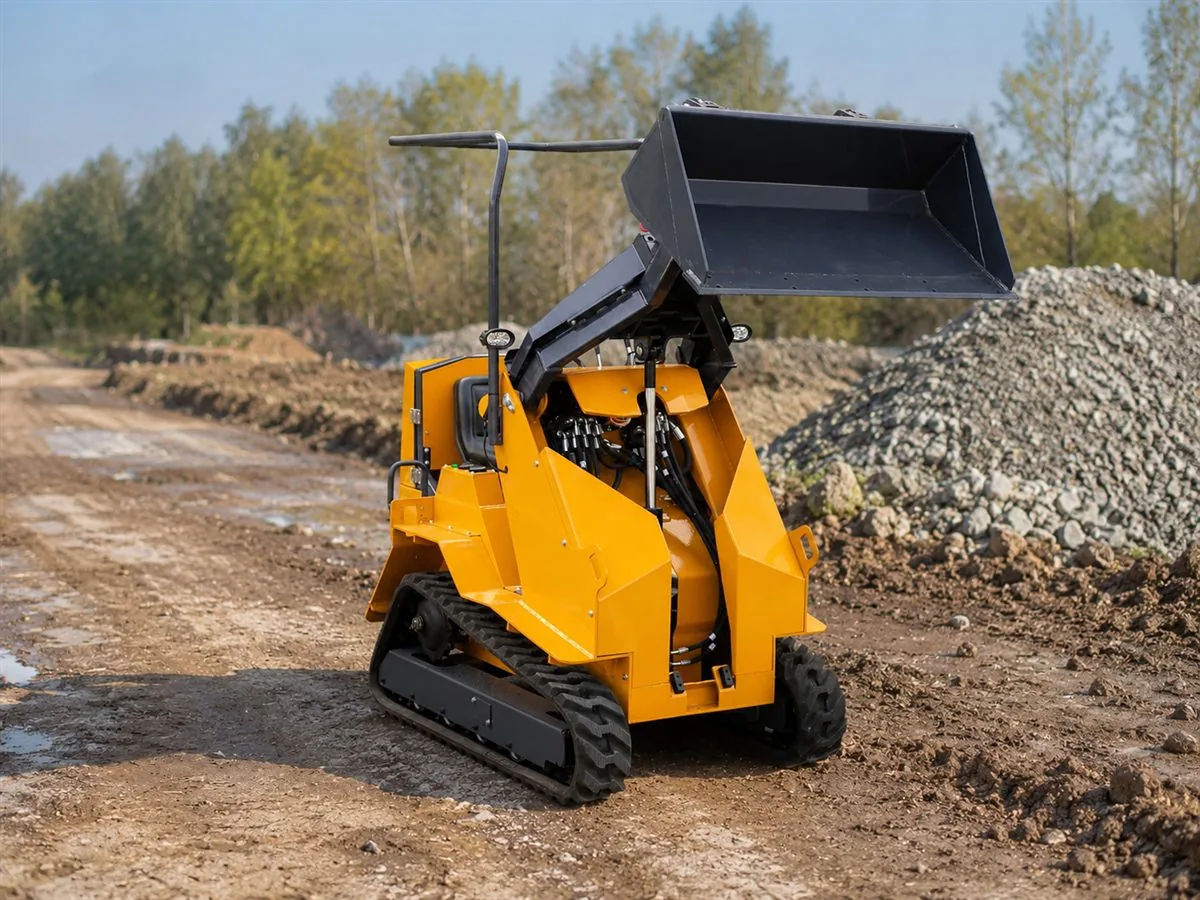 KORVA T390 ride-on tracked loader lifting a bucket on uneven construction ground