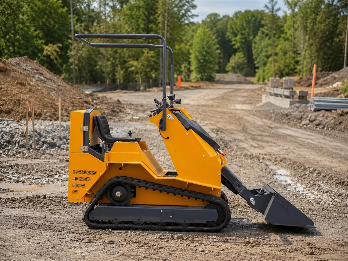 KORVA T390 ride-on tracked mini skid steer loader side profile with bucket lowered