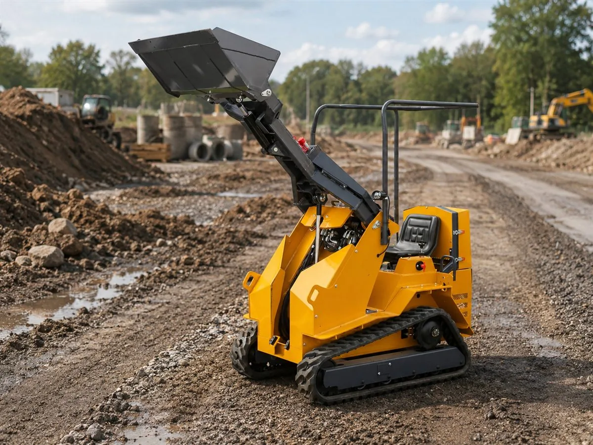 KORVA T390 ride-on mini skid steer loader with bucket raised for loading work