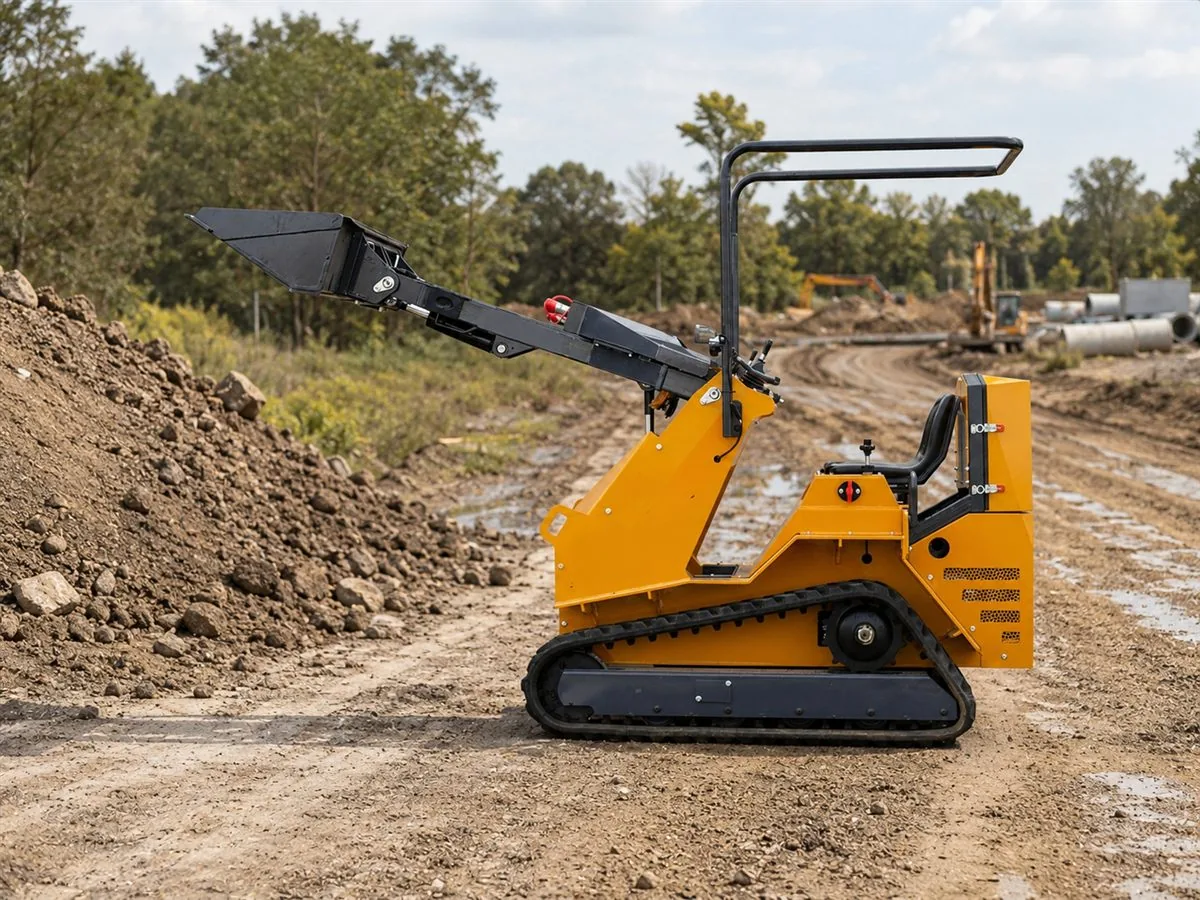 KORVA T390 ride-on tracked mini skid steer loader side view with raised lift arm
