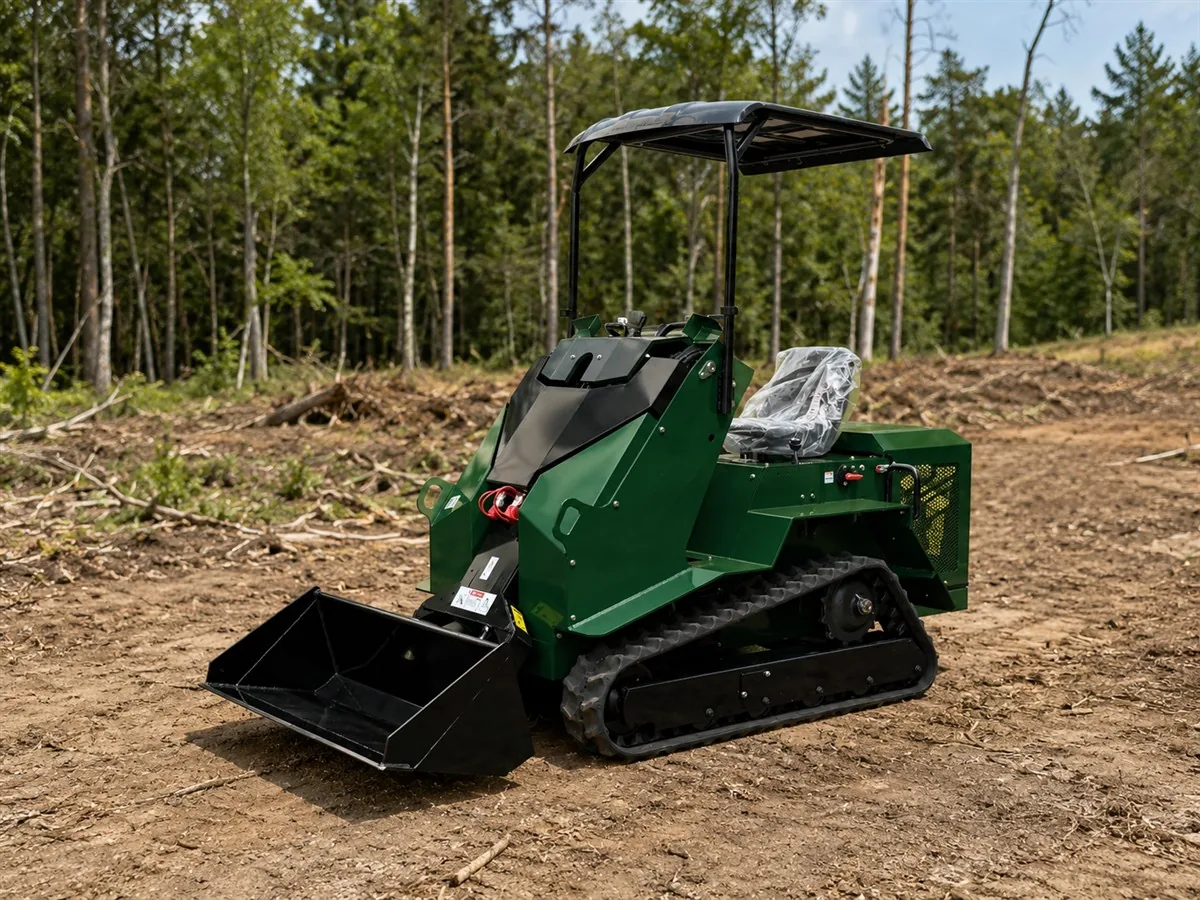 Green customized KORVA T490 ride-on tracked mini skid steer loader for farm material handling
