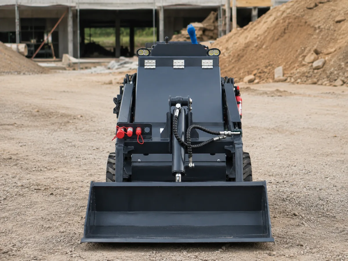KORVA T750 tracked mini skid steer loader front view with 1270 mm bucket