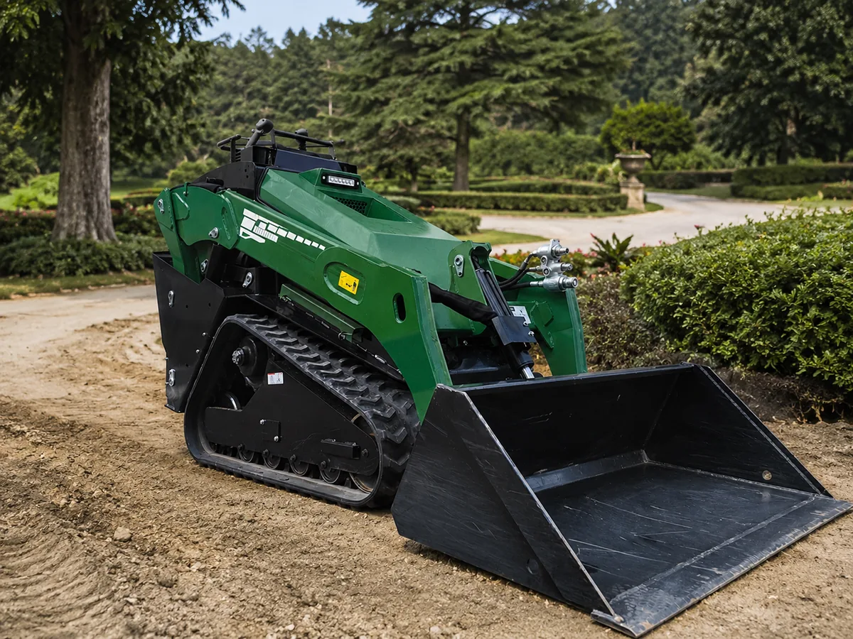 Green V1000 mini tracked loader for landscaping projects