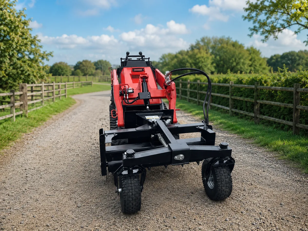V1000 compact track loader with grading attachment on a farm road