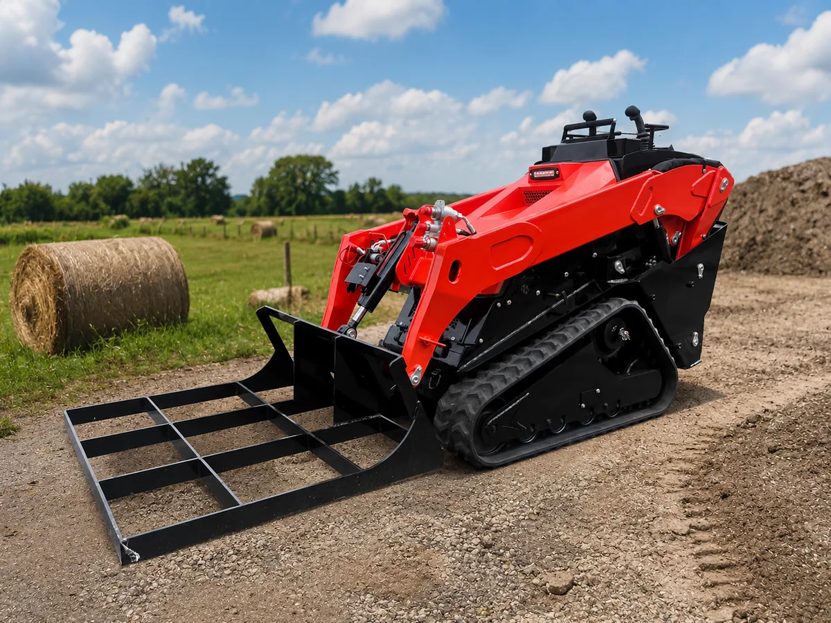 V1000 tracked skid steer loader with land leveler on farm ground
