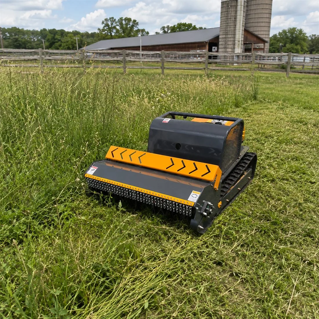 SH-LB remote control flail mower cutting rough grass near a farm pasture