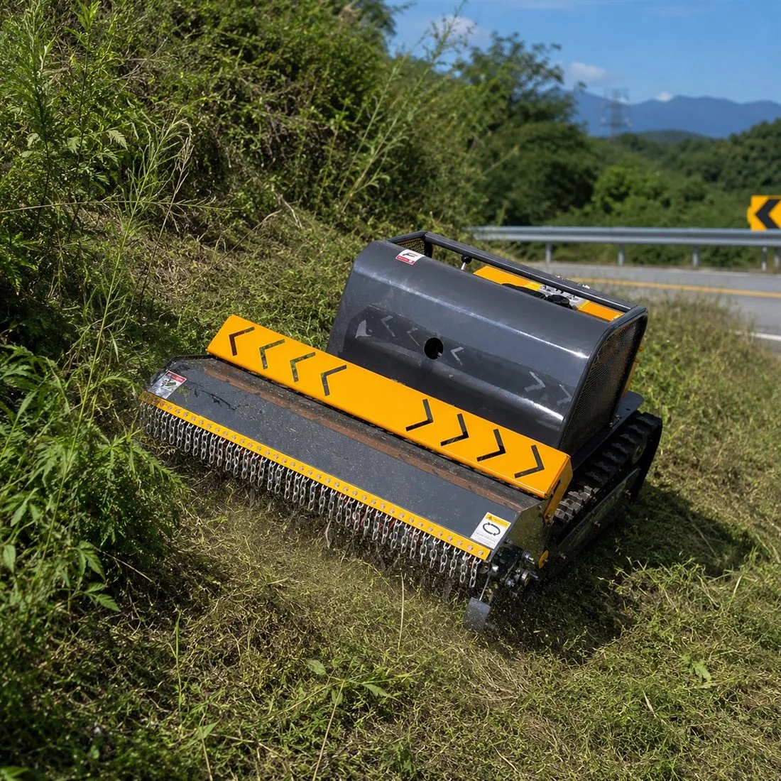 SH-LB tracked remote flail mower clearing roadside slope vegetation