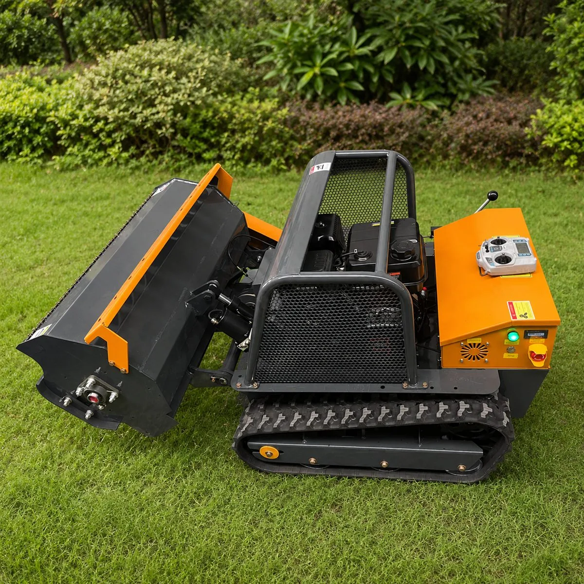 SH-LB tracked remote control flail mower side view with rubber tracks and front cutting deck