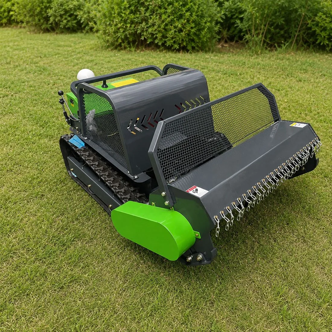 Whole machine view of green SH-LB tracked remote control flail mower
