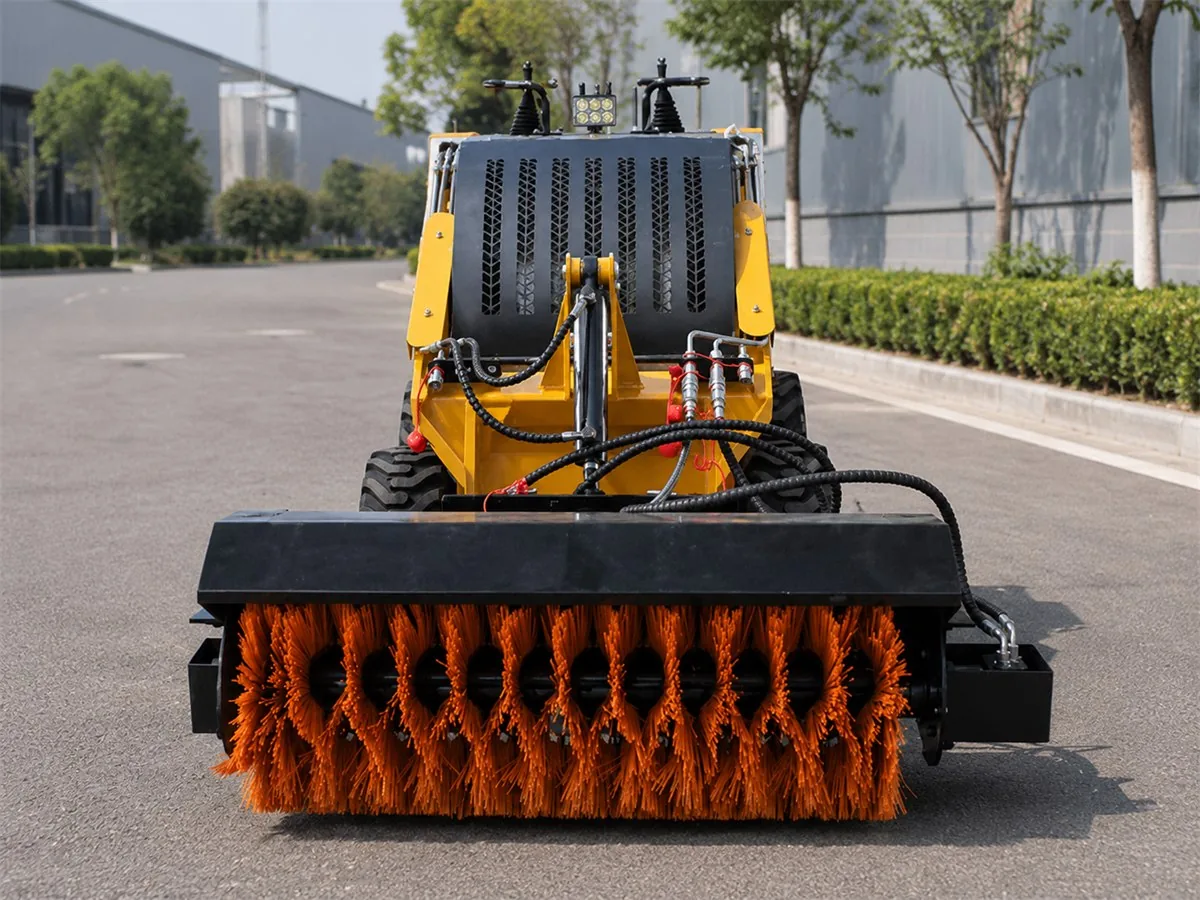 Mini skid steer angle broom attachment for road and site cleaning