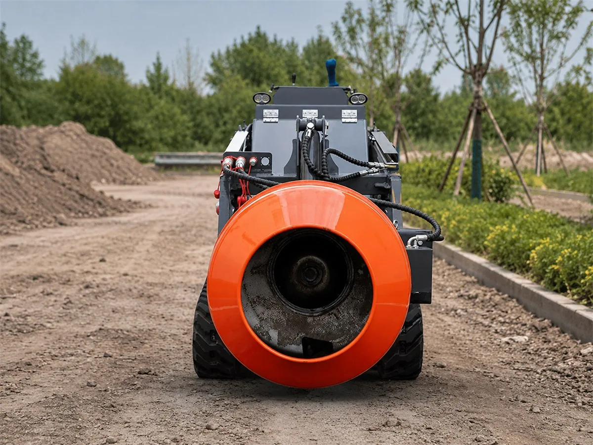 Mini skid steer concrete mixer drum attachment for small construction jobs