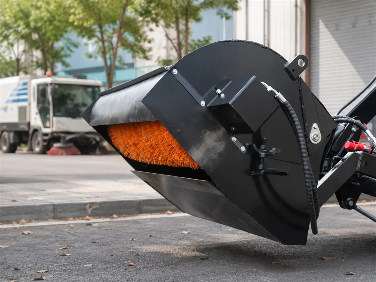 Mini skid steer enclosed sweeper for collecting dust leaves and jobsite debris