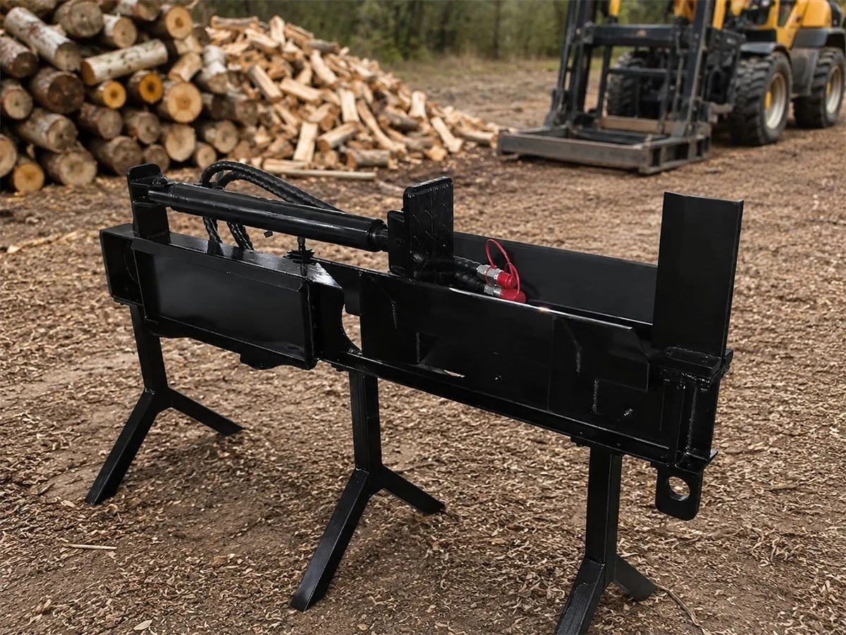 Mini skid steer hydraulic log splitter attachment for splitting firewood and timber