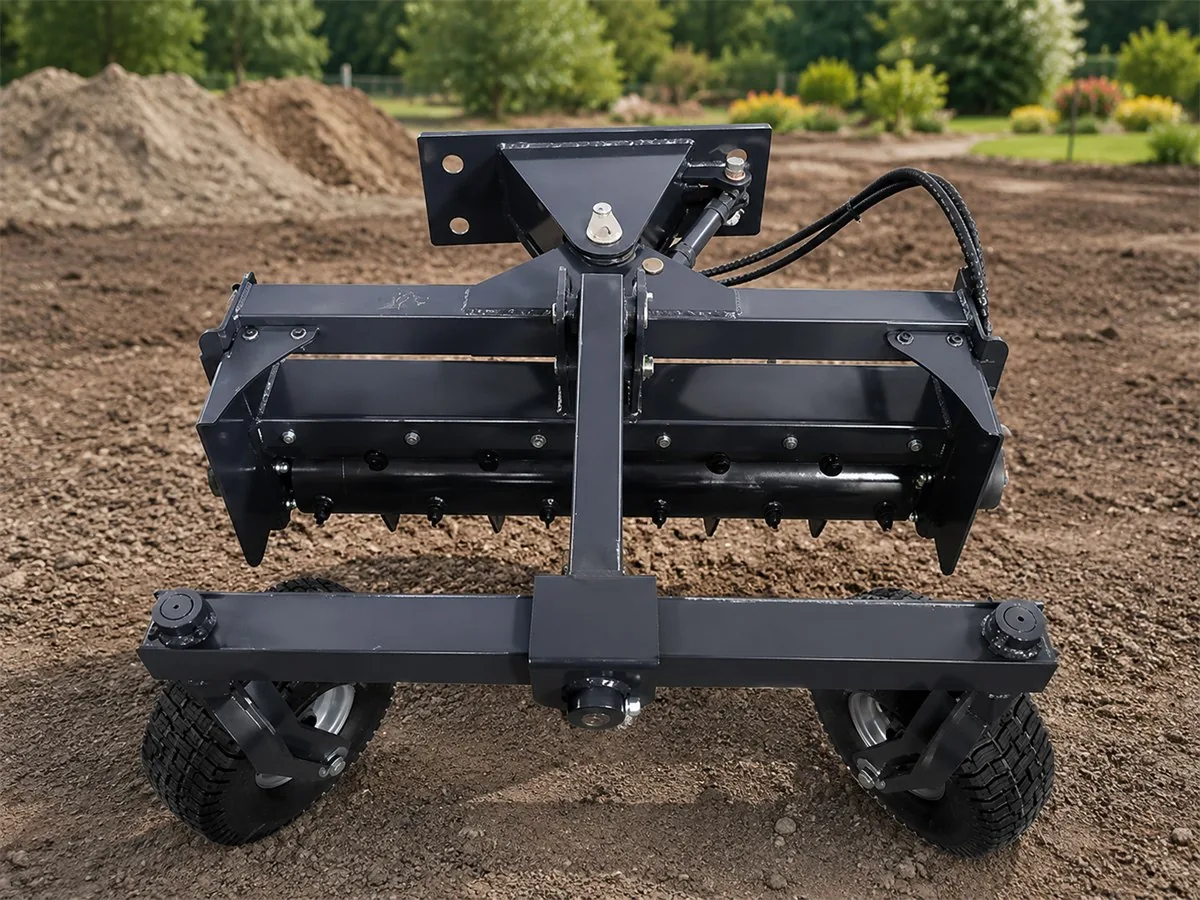 Mini skid steer power rake soil conditioner for seedbed and surface preparation