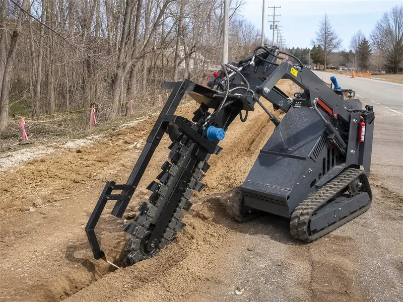 skid steer loader trencher attachment for drainage and utility work