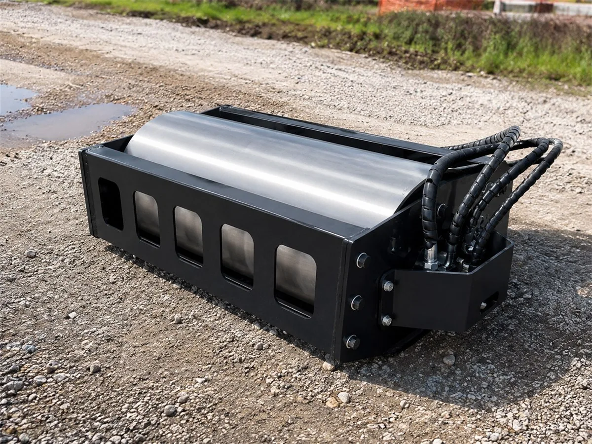 Mini skid steer vibratory roller attachment for compacting soil gravel and asphalt