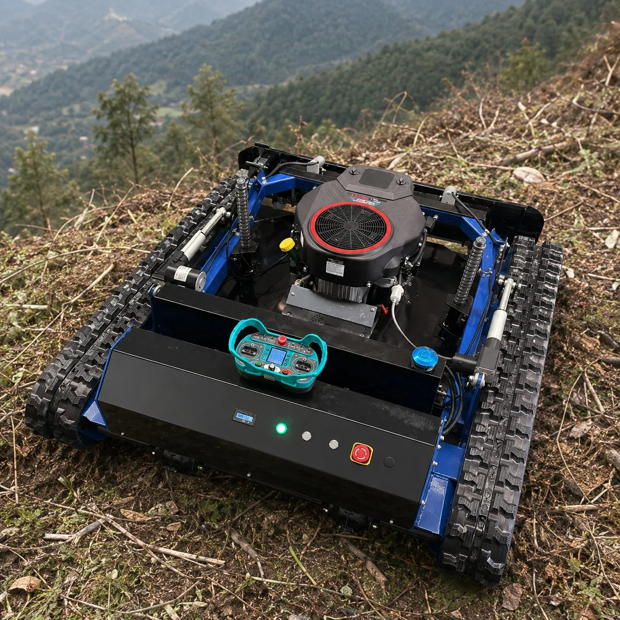 Blue Tank remote controlled slope mower on mountain vegetation clearing site