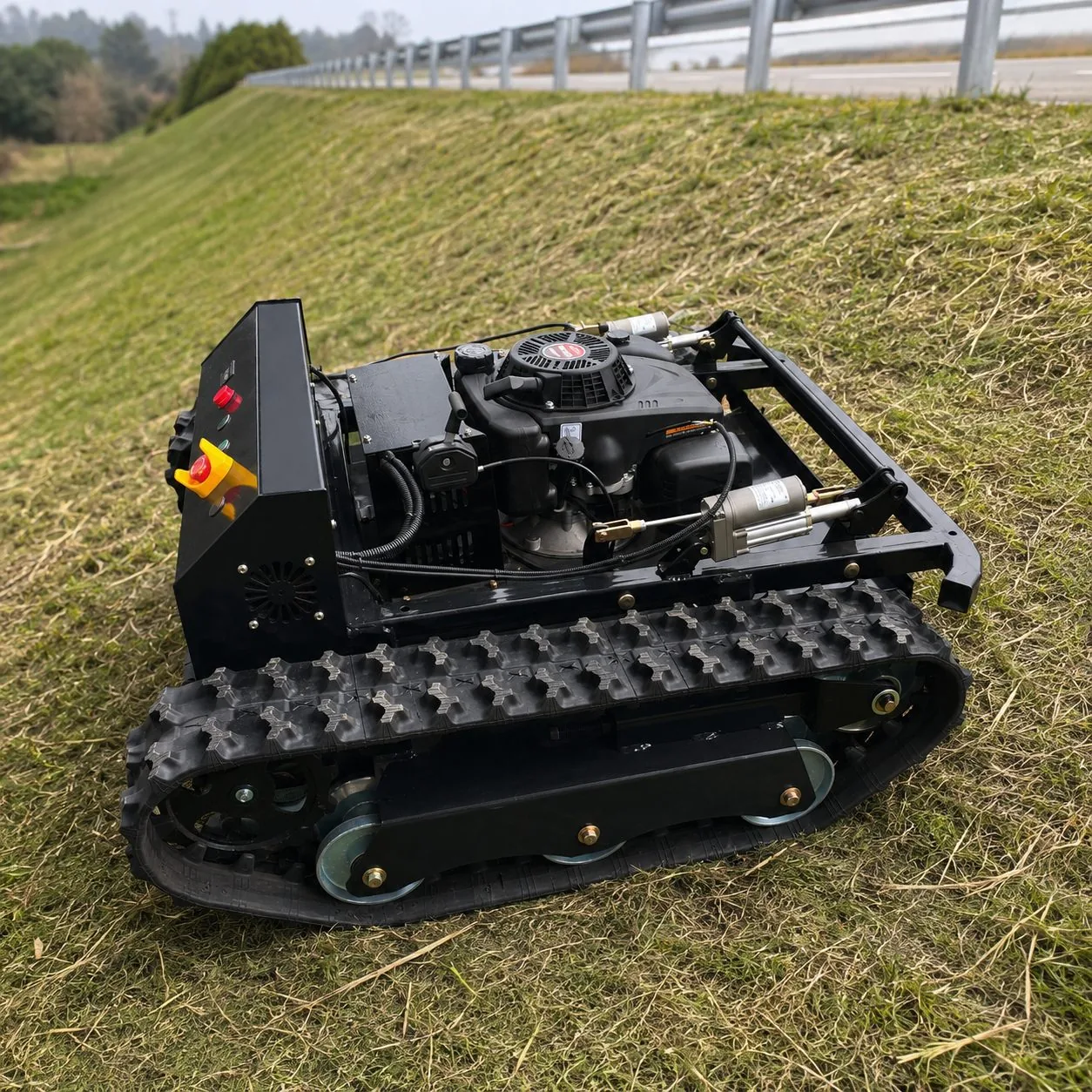 Tank Series remote controlled flail mower on roadside slope with rubber tracks