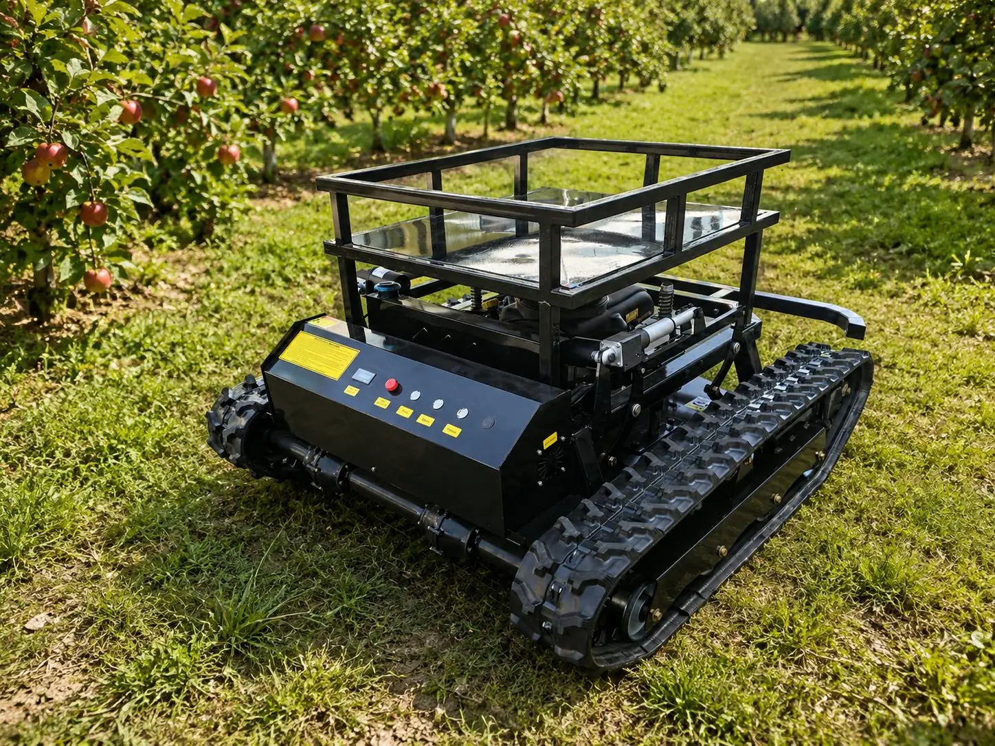 Tank remote mower cargo rack option for orchard tools and supplies