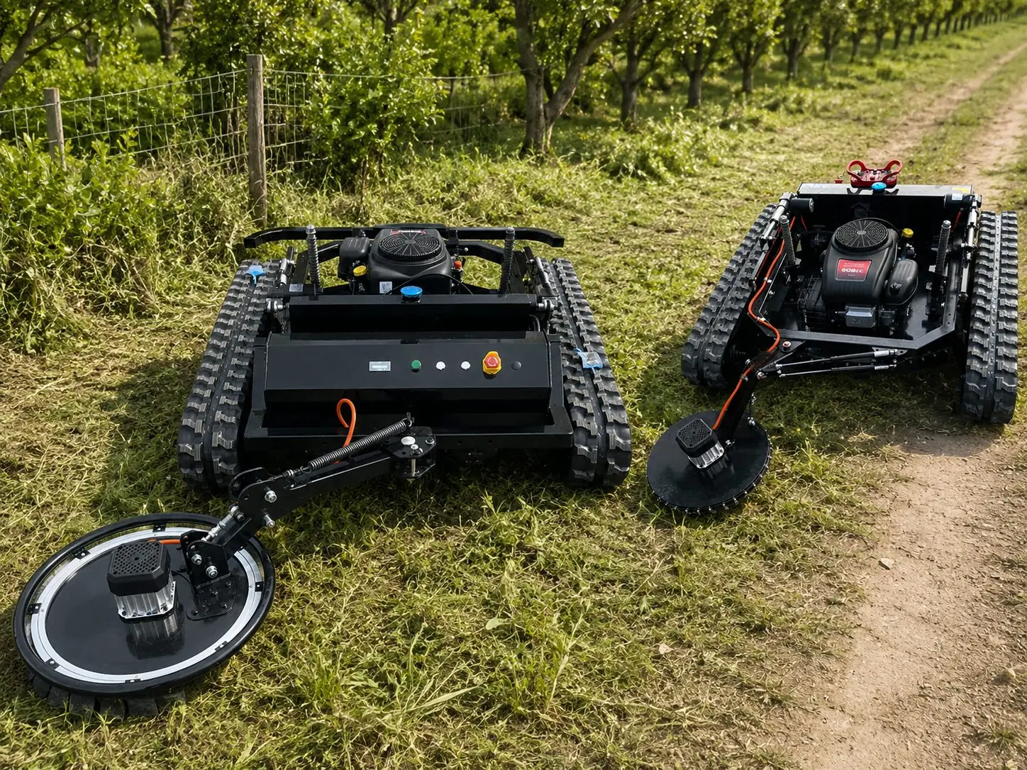 Tank remote mower with front and rear mowing head options